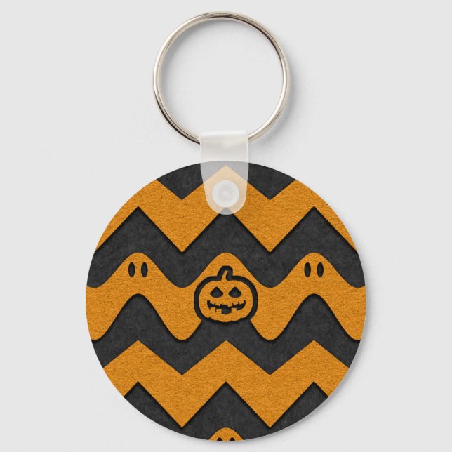 Halloween Chevron Pattern with Ghosts and Pumpkins Key Ring (Front)