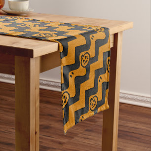Halloween Chevron Pattern with Ghosts and Pumpkins Long Table Runner