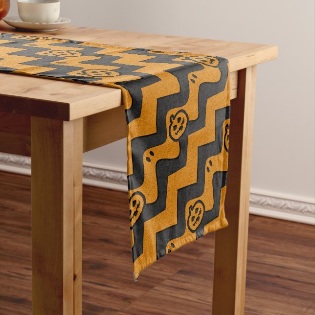 Halloween Chevron Pattern with Ghosts and Pumpkins Long Table Runner (In Situ)