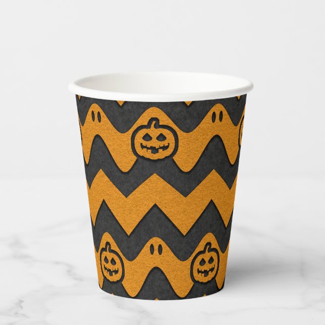 Halloween Chevron Pattern with Ghosts and Pumpkins Paper Cups (Front)