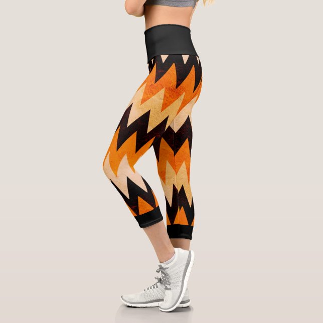 Halloween Chevron Zigzag Pattern – Orange & Black Capri Leggings (Left)