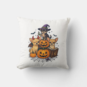Halloween Chihuahua Dogs Pumpkins Witch Hat Spell Cushion