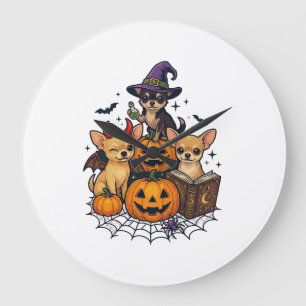 Halloween Chihuahua Dogs Pumpkins Witch Hat Spell Large Clock