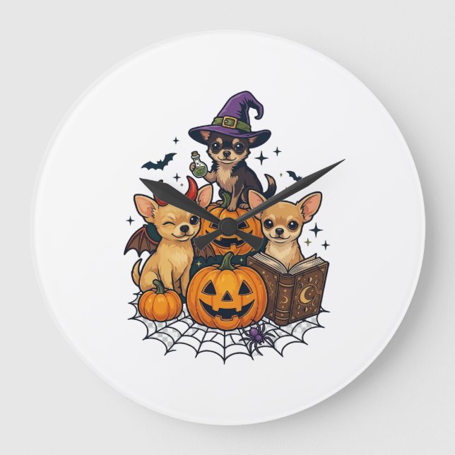 Halloween Chihuahua Dogs Pumpkins Witch Hat Spell  Large Clock (Front)