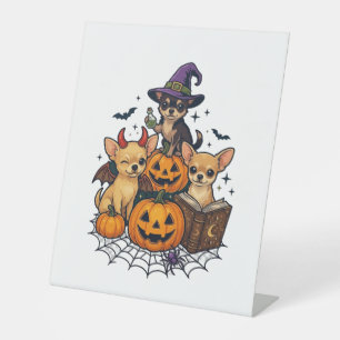 Halloween Chihuahua Dogs Pumpkins Witch Hat Spell Pedestal Sign