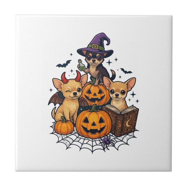 Halloween Chihuahua Dogs Pumpkins Witch Hat Spell  Tile (Front)