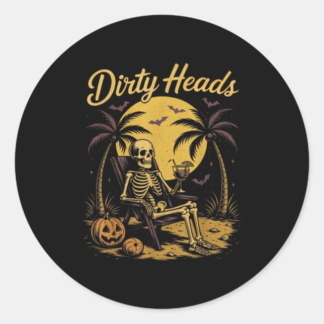 Halloween Chill Skeleton Dirty Heads Retro For Men Classic Round Sticker (Front)