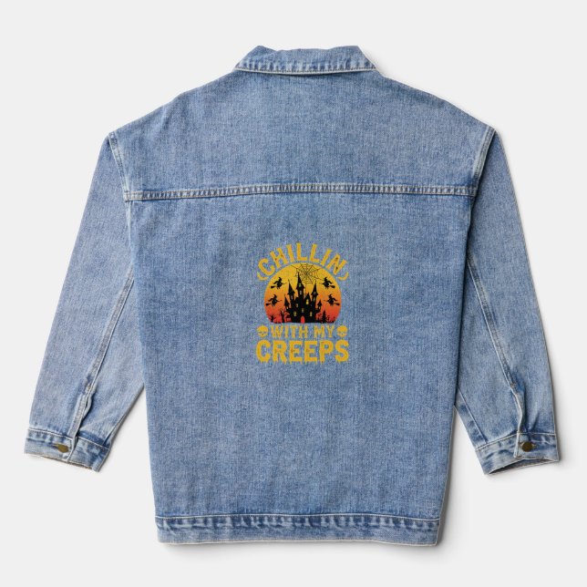 Halloween Chillin With My Creeps Haunted Castle De Denim Jacket (Back)