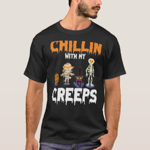 Halloween Chillin With My Creeps Skeleton Cat Pump T-Shirt