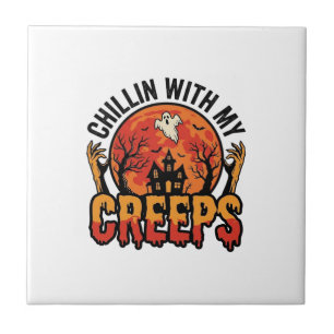 Halloween Chillin With My Creeps Vintage T-Shirt D Tile