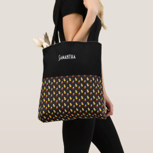 Halloween Chocolate Candy Corn on Black Name Tote Bag