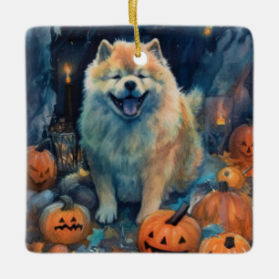 Halloween Chow Chow With Pumpkins Scary Ceramic Ornament