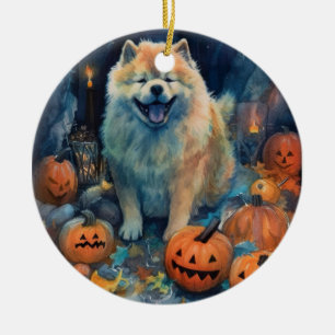 Halloween Chow Chow With Pumpkins Scary Ceramic Tree Decoration