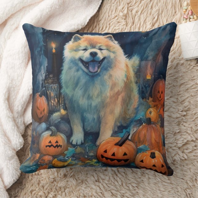 Halloween Chow Chow With Pumpkins Scary  Cushion (Blanket)