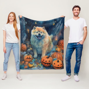 Halloween Chow Chow With Pumpkins Scary Fleece Blanket