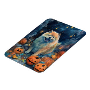 Halloween Chow Chow With Pumpkins Scary  Magnet