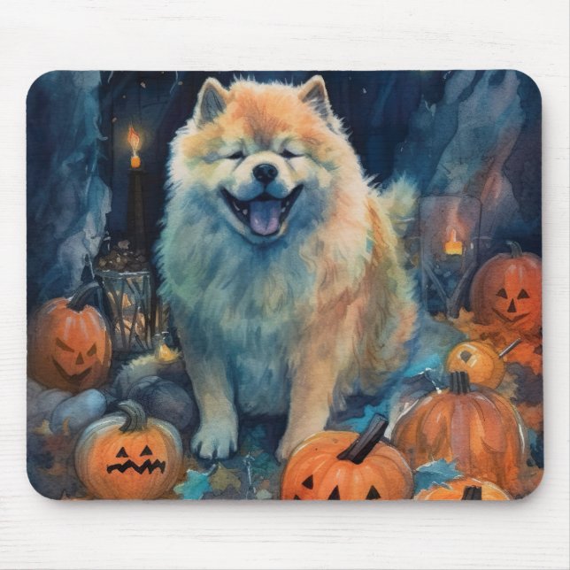 Halloween Chow Chow With Pumpkins Scary  Mouse Mat (Front)