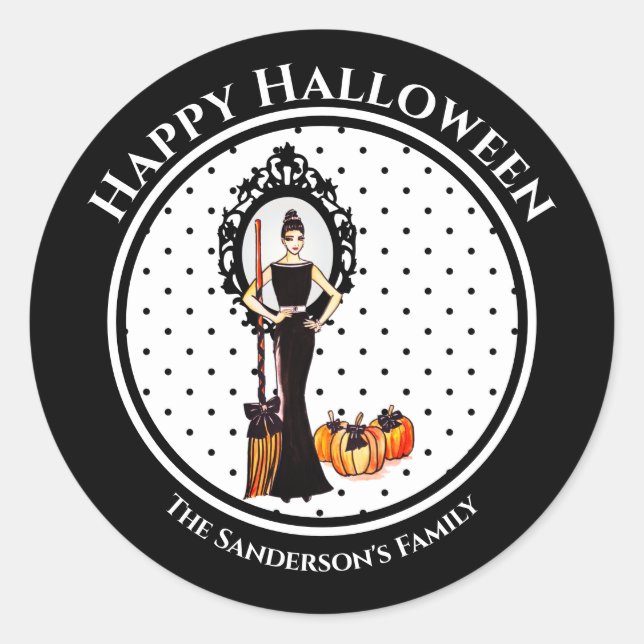 Halloween Classic Elegant Black Dress Polka Dots Classic Round Sticker (Front)