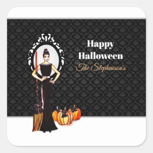 Halloween Classic Elegant Long Black Dress Canvas  Square Sticker
