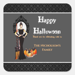 Halloween Classic Elegant Long Black Dress Fashion Square Sticker