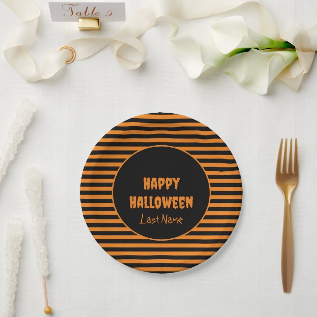 Halloween Classic Orange and Black Striped Paper Plate (Wedding)