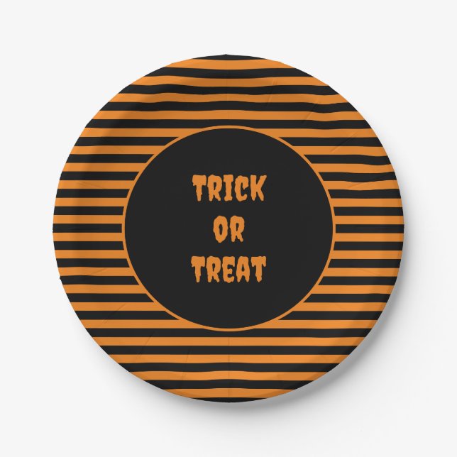 Halloween Classic Orange and Black Striped Paper Plate (Front)