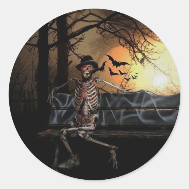 Halloween Classic Round Sticker/Skeleton and Bats Sticker (Front)