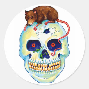 Halloween Classic Round Sticker/Skeleton and Rat Sticker