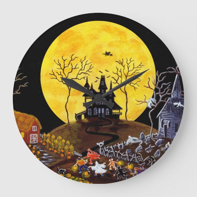 Halloween,clock,graveyard,ghosts,witch,church Large Clock (Front)