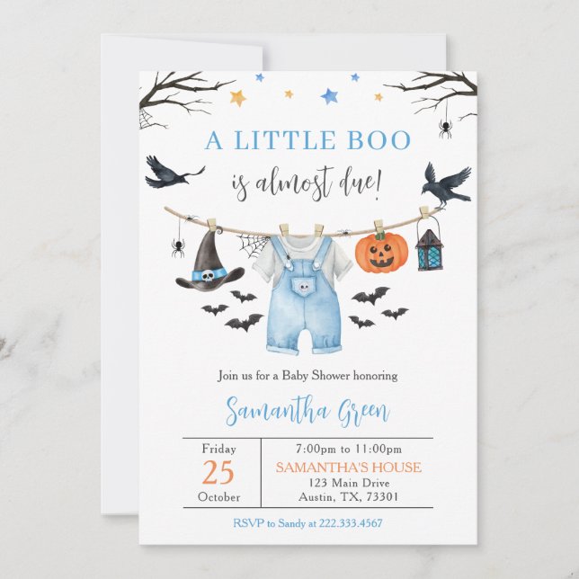 Halloween Clothes Little Boo Baby Shower Invitation (Front)