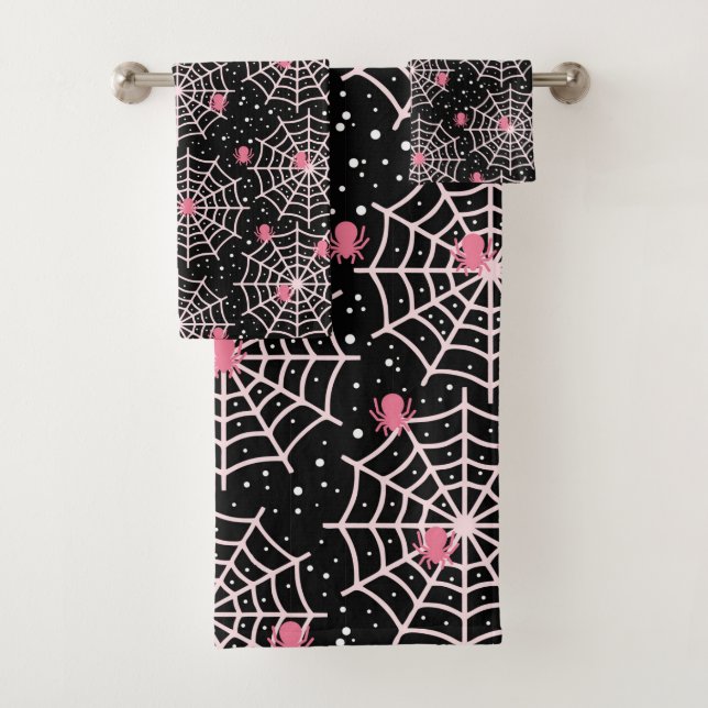 Halloween Cobwebs & Spiders Pattern Bath Towel Set (Insitu)