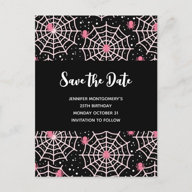 Halloween Cobwebs & Spiders Pattern Save the Date Invitation Postcard (Front)