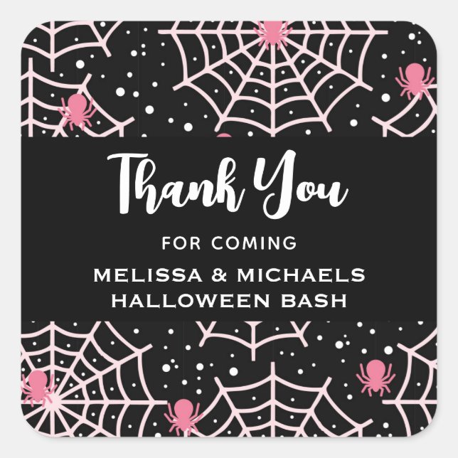 Halloween Cobwebs & Spiders Pattern Thank You Square Sticker (Front)
