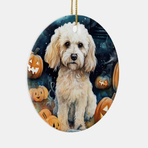 Halloween Cockapoo With Pumpkins Scary  Ceramic Tree Decoration