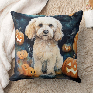 Halloween Cockapoo With Pumpkins Scary Cushion