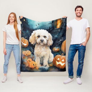 Halloween Cockapoo With Pumpkins Scary Fleece Blanket