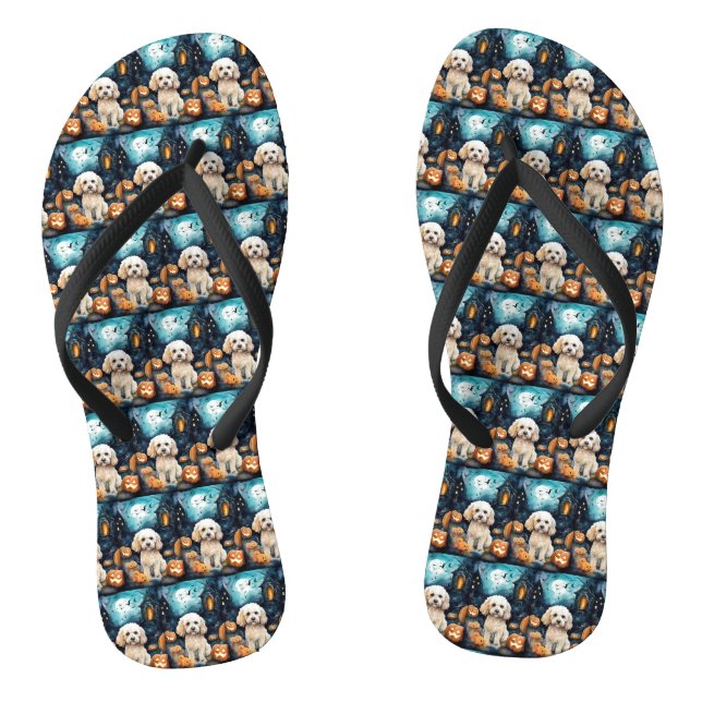 Halloween Cockapoo With Pumpkins Scary  Flip Flops (Footbed)