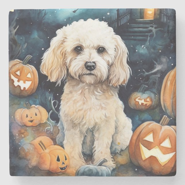 Halloween Cockapoo With Pumpkins Scary  Stone Coaster (Front)