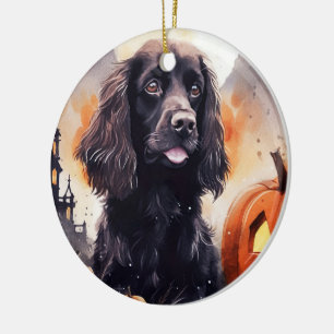 Halloween Cocker Spaniel With Pumpkins Ceramic Tree Decoration