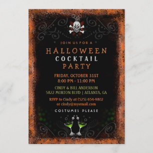 Halloween Cocktail Party Black Orange Border Skull Invitation