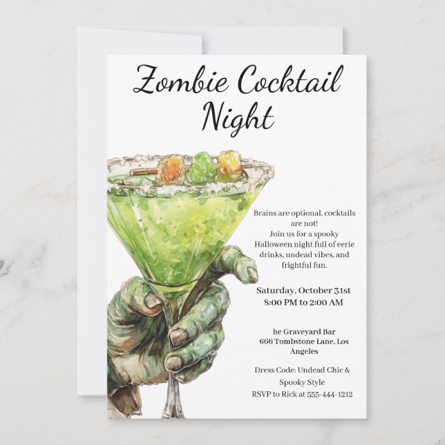 Halloween Cocktail Party | Zombie Hand with Drink Invitation (Front)