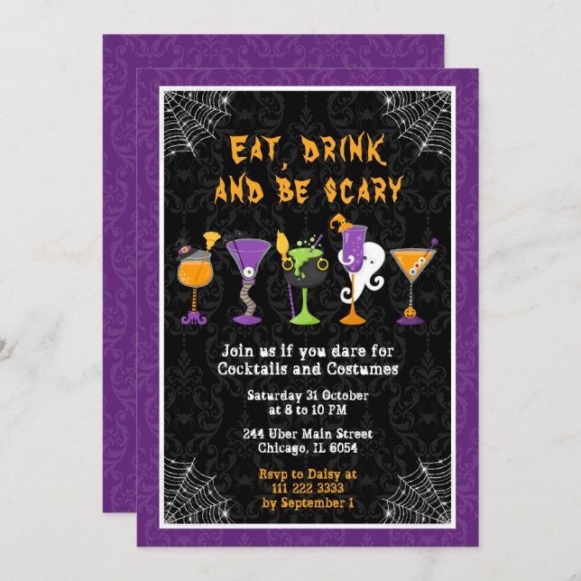 Halloween Cocktails and Costumes Party Purple Invitation (Front/Back)