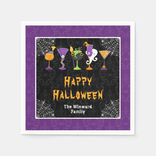 Halloween Cocktails and Costumes Party Purple Napkin (Front)