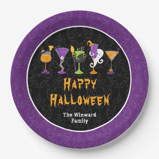 Halloween Cocktails and Costumes Party Purple Paper Plate (Front)
