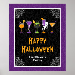 Halloween Cocktails Purple Damask Party Sign