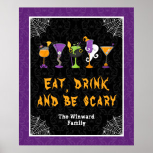 Halloween Cocktails Purple Damask Party Sign