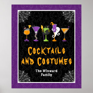 Halloween Cocktails Purple Damask Party Sign
