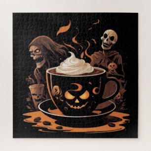 Halloween Coffee Art – Spooky Latte with Skeletons Jigsaw Puzzle