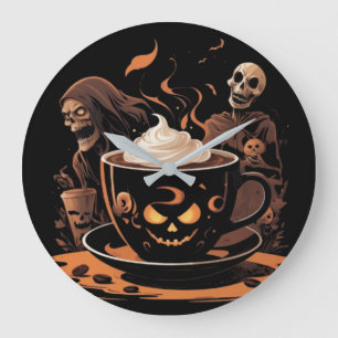 Halloween Coffee Art – Spooky Latte with Skeletons Large Clock