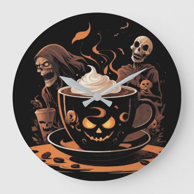 Halloween Coffee Art – Spooky Latte with Skeletons Large Clock (Front)